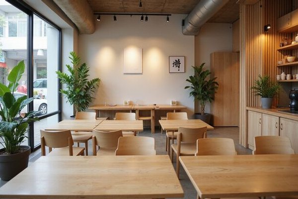 Bubbs & Bites interior with natural wood furniture and Muji-inspired decor