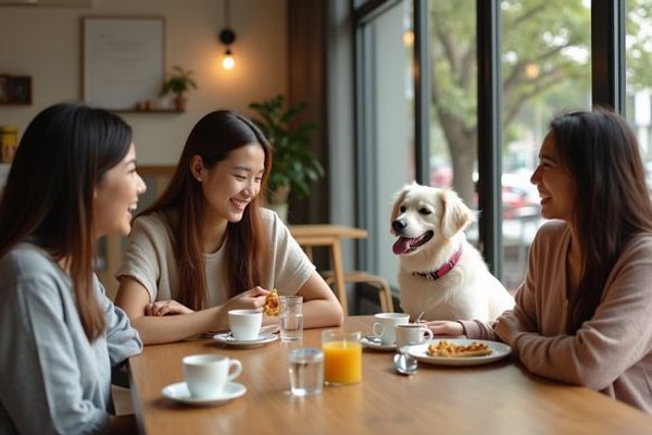 Friends with their pets enjoying brunch together