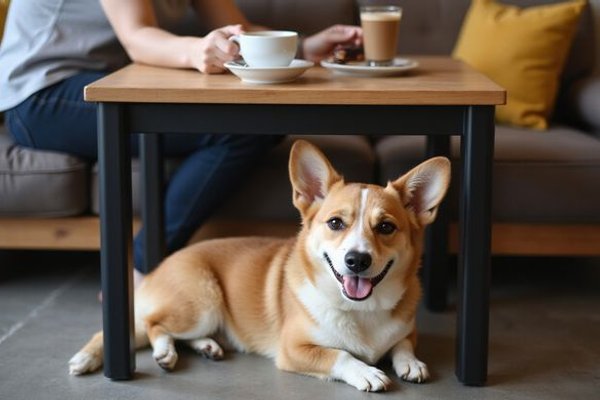 Dog relaxing under table while owner enjoys coffee