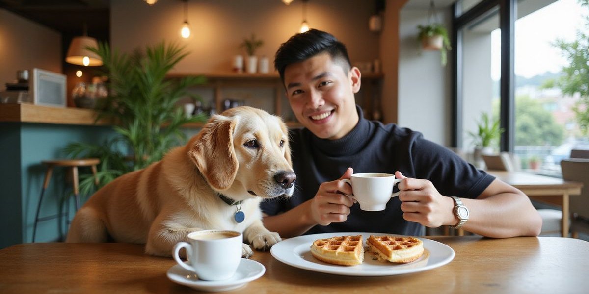 Bubbs & Bites cafe interior with happy customer and their dog enjoying waffles